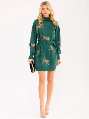 Green Leopard Print Sweater Dress w Belt Long Sleeve Knit Mini, Cozy Chic Style